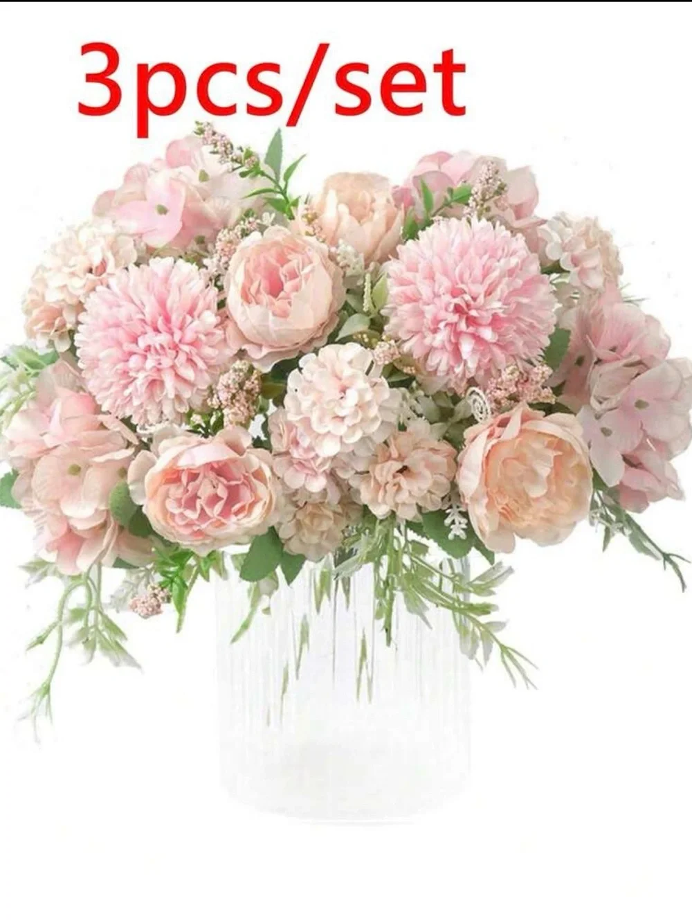 Pink Artificial Floral Bouquet - Mixed Peony & Rose Stems 3 Bundles